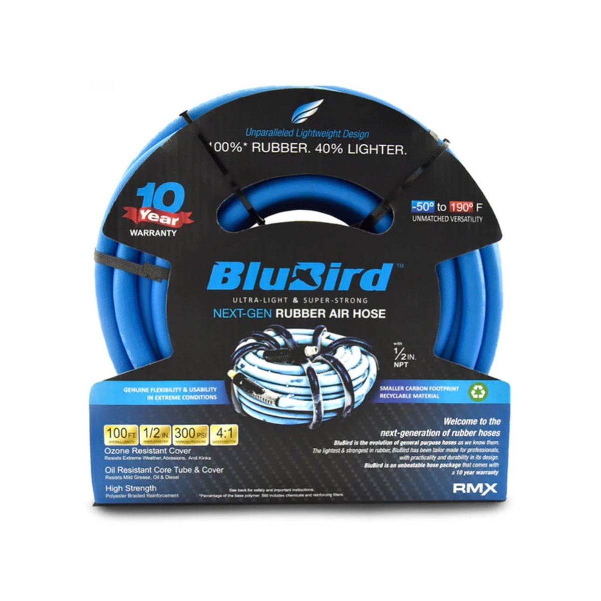 BLU-BIRD BB12100 rubber air hose 1/2 inch inner diameter 100 feet length featuring 100% EPDM rubber construction with polyester braided reinforcement, brass NPT fittings, extreme temperature flexibility from -50°F to +190°F, 300 PSI working pressure rating for professional pneumatic tools, air compressors, and industrial applications